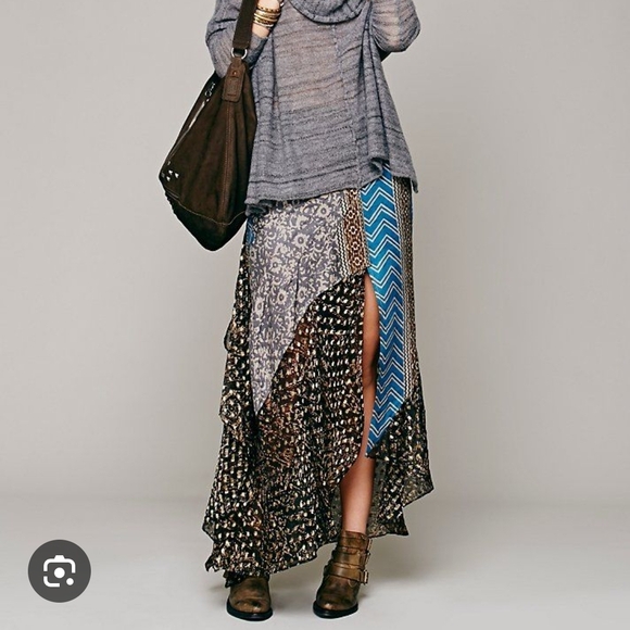 Free People Dresses & Skirts - Free People Patchwork Asymmetrical Maxi Skirt in Blue and Brown